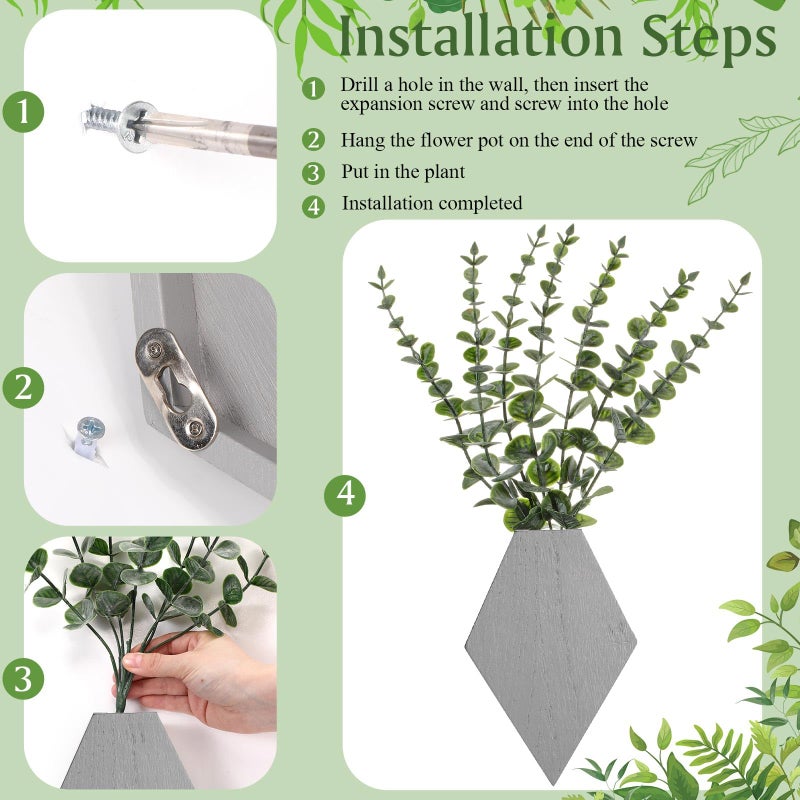 Chunful Wooden Wall Planter Decor Hanging Fake Plants Greenery Flowers Holder Vase Boxes for Wall Farmhouse Bohemian Living Room Bedroom Kitchen Office Indoor Decoration (Light Gray,2 Pcs) - Image 3