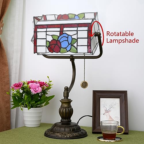 Blivuself Tiffany Bankers Lamp Red Blue Rose Flowers Stained Glass Desk Lamp with Zipper Pull Chain Tiffany Style Vintage Bedroom Bedside Light Adjustable Angle Aesthetic Antique Accent Reading Desk Light - Image 5