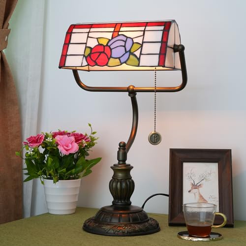 Blivuself Tiffany Bankers Lamp Red Blue Rose Flowers Stained Glass Desk Lamp with Zipper Pull Chain Tiffany Style Vintage Bedroom Bedside Light Adjustable Angle Aesthetic Antique Accent Reading Desk Light - Image 2