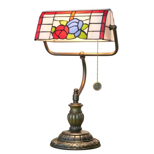Blivuself Tiffany Bankers Lamp Red Blue Rose Flowers Stained Glass Desk Lamp with Zipper Pull Chain Tiffany Style Vintage Bedroom Bedside Light Adjustable Angle Aesthetic Antique Accent Reading Desk Light - Image 1