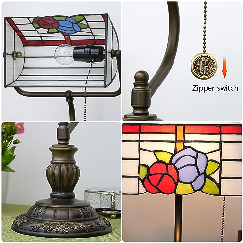 Blivuself Tiffany Bankers Lamp Red Blue Rose Flowers Stained Glass Desk Lamp with Zipper Pull Chain Tiffany Style Vintage Bedroom Bedside Light Adjustable Angle Aesthetic Antique Accent Reading Desk Light - Image 4