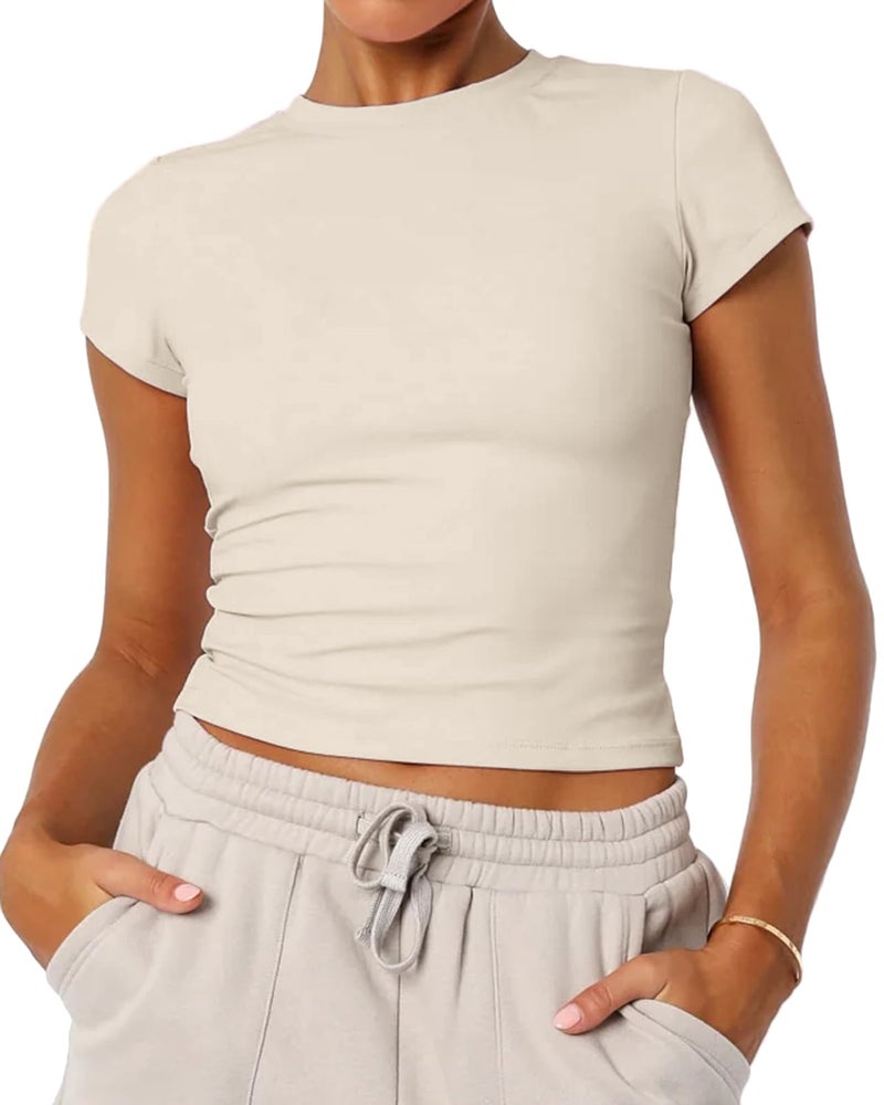 Mousnipy Women's Basic Summer Short Sleeve Crewneck T-Shirts Y2K Cute Going Out Tops Baby Tee(Light Beige,Small) - Image 1