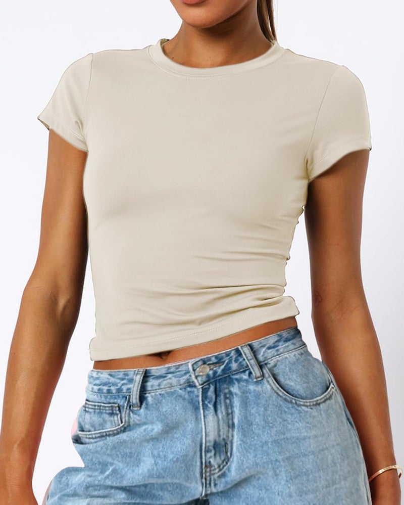 Mousnipy Women's Basic Summer Short Sleeve Crewneck T-Shirts Y2K Cute Going Out Tops Baby Tee(Light Beige,Small) - Image 2