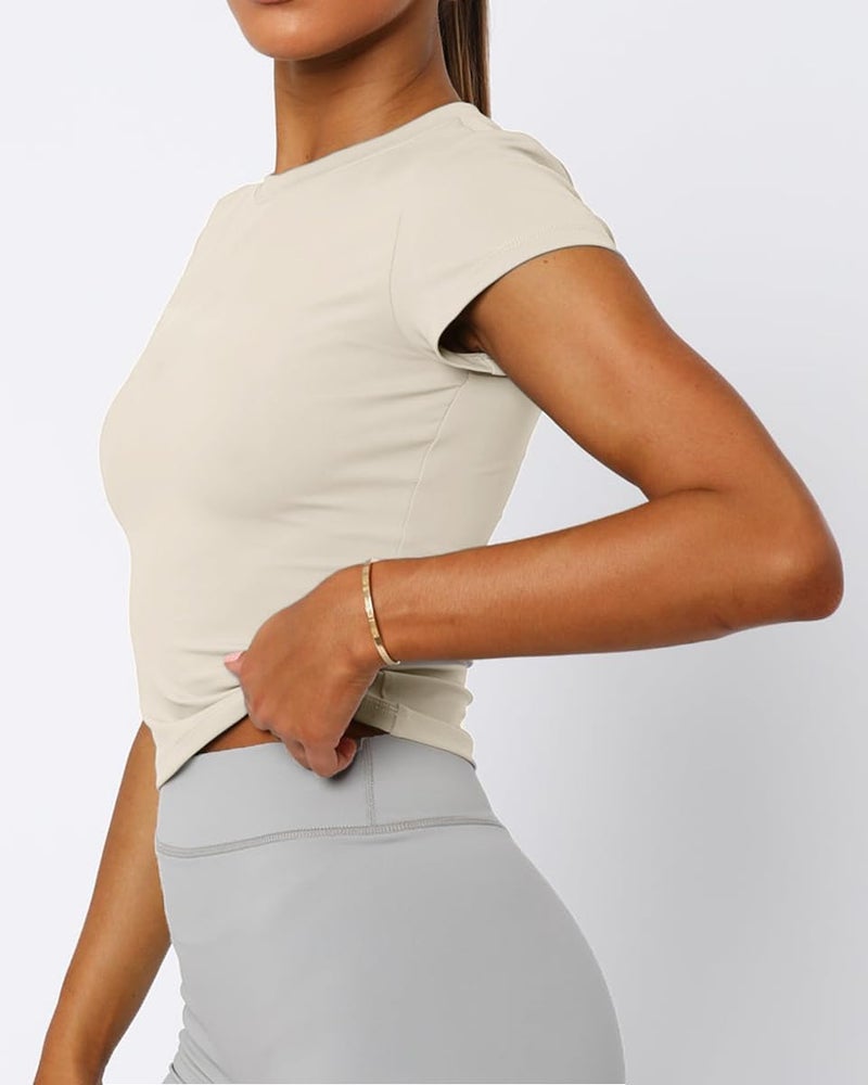 Mousnipy Women's Basic Summer Short Sleeve Crewneck T-Shirts Y2K Cute Going Out Tops Baby Tee(Light Beige,Small) - Image 4