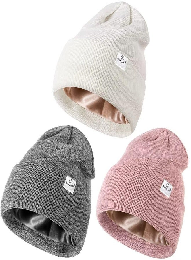 SENPUKI 3 Pack Satin Lined Winter Beanie Hats for Women Men,Silk Lined Beanie Knit Soft Warm Cuffed Hat(Pink+White+Light Gray) - Image 1