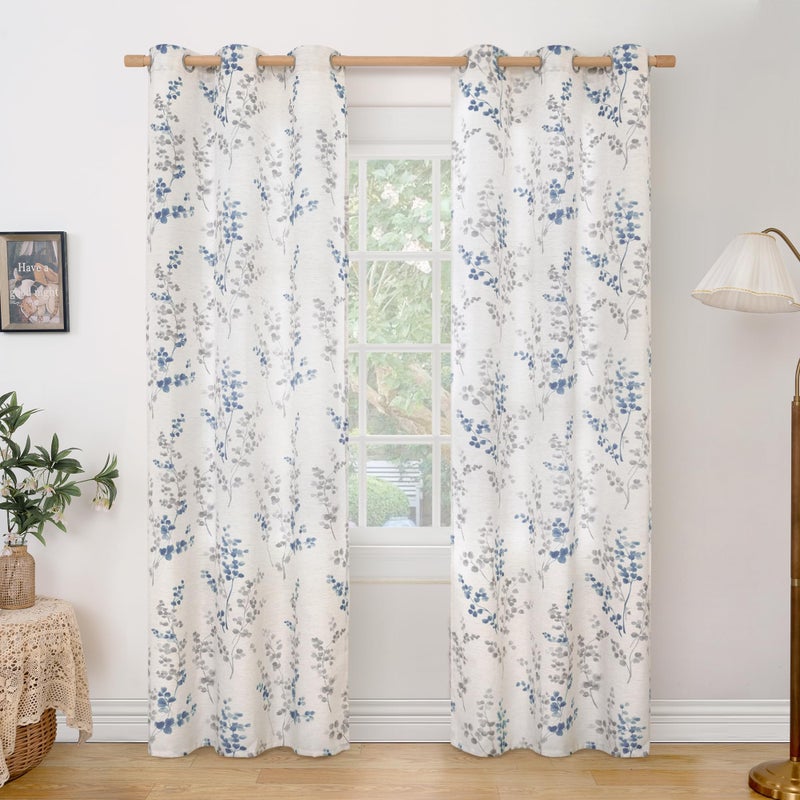 BGment Linen Curtains for Living Room 84 Inch Length 2 Panels Set Floral Leaf Patterns  Light Filtering Privacy Window Curtains for Bedroom Boho Farmhouse Vintage  Each 42 Inch Wide  Navy - Image 1