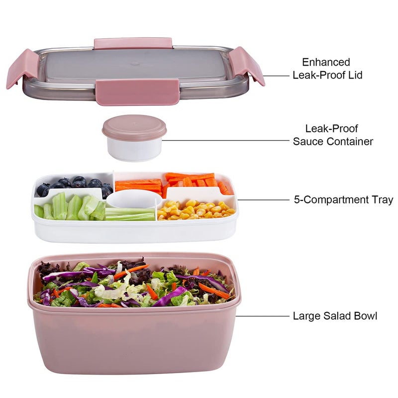Caperci Large Salad Lunch Container - Adult Bento Lunch Box with 68 oz Salad Bowl, 5-Compartment Tray, 2pcs 3-oz Sauce Cups, Stackable, BPA-Free (Pink) - Image 4