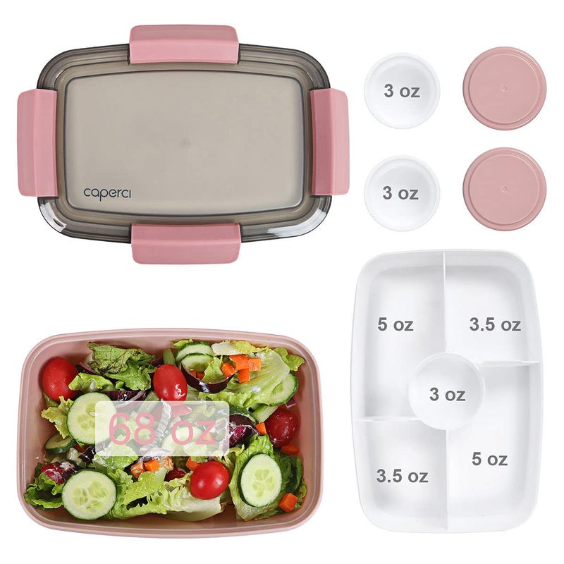 Caperci Large Salad Lunch Container - Adult Bento Lunch Box with 68 oz Salad Bowl, 5-Compartment Tray, 2pcs 3-oz Sauce Cups, Stackable, BPA-Free (Pink) - Image 5