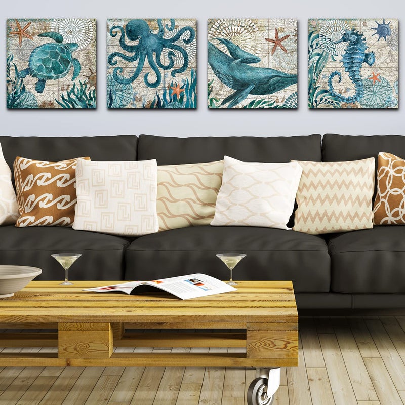 YOOOAHU Nautical Wall Decor Beach Themed Seahorse Wall Art Coastal Bathroom Decor Teal Sea Turtle Pictures Canvas Paintings for Living Room Bedroom Home Decorations Ocean Poster Large Artwork 16x16" 4 Pcs/Set - Image 2