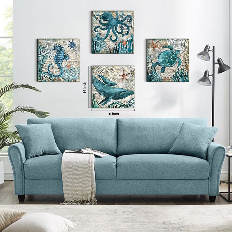 YOOOAHU Nautical Wall Decor Beach Themed Seahorse Wall Art Coastal Bathroom Decor Teal Sea Turtle Pictures Canvas Paintings for Living Room Bedroom Home Decorations Ocean Poster Large Artwork 16x16" 4 Pcs/Set - Image 3