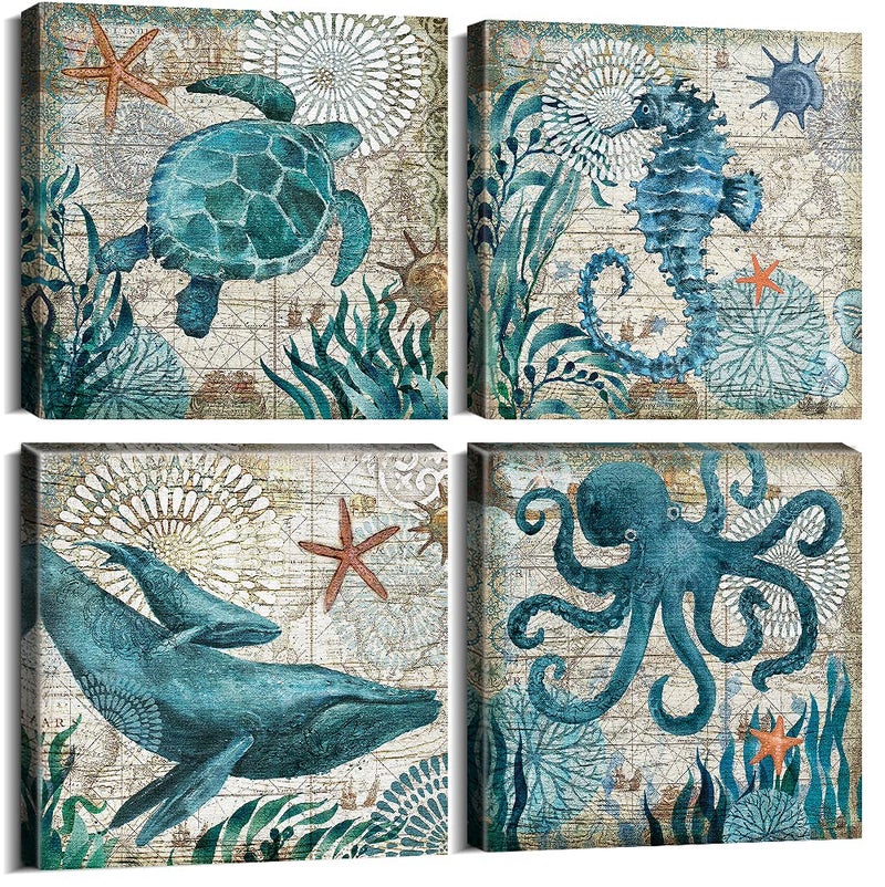 YOOOAHU Nautical Wall Decor Beach Themed Seahorse Wall Art Coastal Bathroom Decor Teal Sea Turtle Pictures Canvas Paintings for Living Room Bedroom Home Decorations Ocean Poster Large Artwork 16x16" 4 Pcs/Set - Image 1