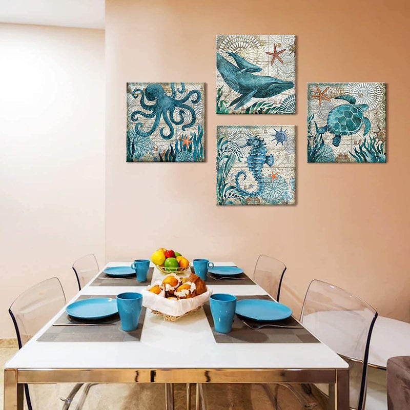 YOOOAHU Nautical Wall Decor Beach Themed Seahorse Wall Art Coastal Bathroom Decor Teal Sea Turtle Pictures Canvas Paintings for Living Room Bedroom Home Decorations Ocean Poster Large Artwork 16x16" 4 Pcs/Set - Image 4