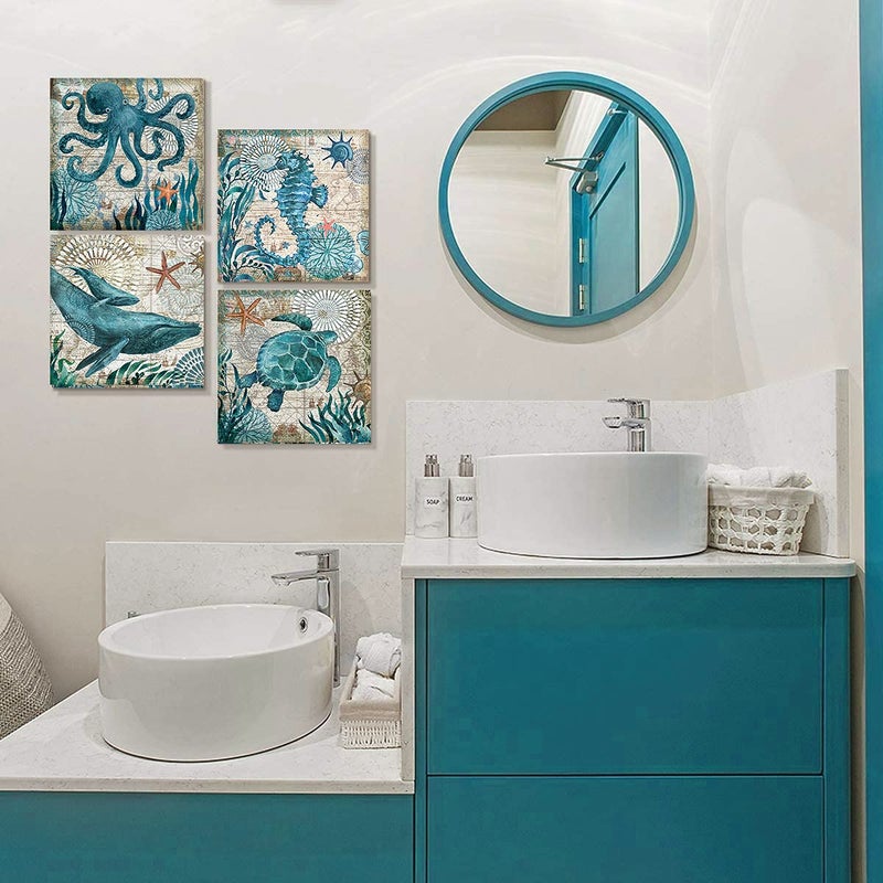 YOOOAHU Nautical Wall Decor Beach Themed Seahorse Wall Art Coastal Bathroom Decor Teal Sea Turtle Pictures Canvas Paintings for Living Room Bedroom Home Decorations Ocean Poster Large Artwork 16x16" 4 Pcs/Set - Image 5