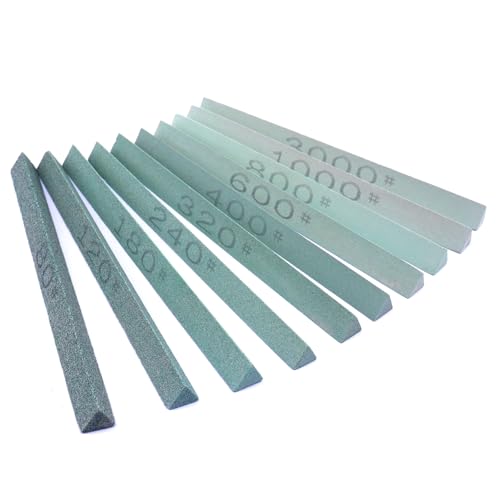 LWCUSNJ 10pcs Triangular Sharpening Stone Sticks Set, 5.92inch Green Silicon Carbide Oil Stones, Grit Sizes 80#-3000# for Models, Metal, & Knife Cutting Tools - Image 1
