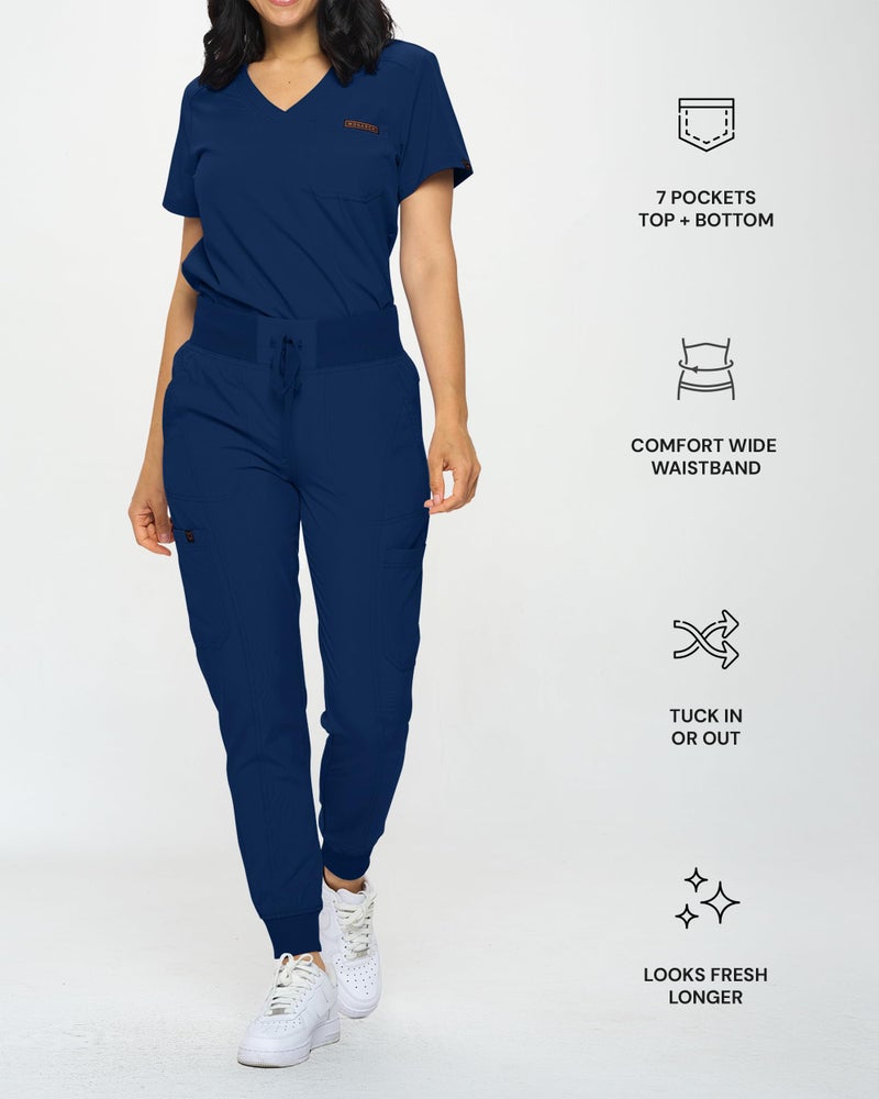 Monarch Uniforms Slim Fit Stretchy Scrubs Women's Jogger Scrub Set Slim Jogger Scrubs with Tuck-In Top for Women (NAVY BLUE-M) - Image 3