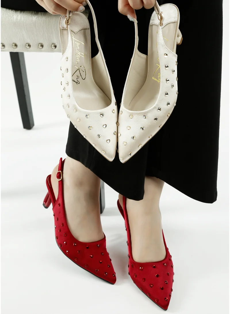 London Rag Heart-Shaped Rhinestone Studded Slingbacks in Beige
