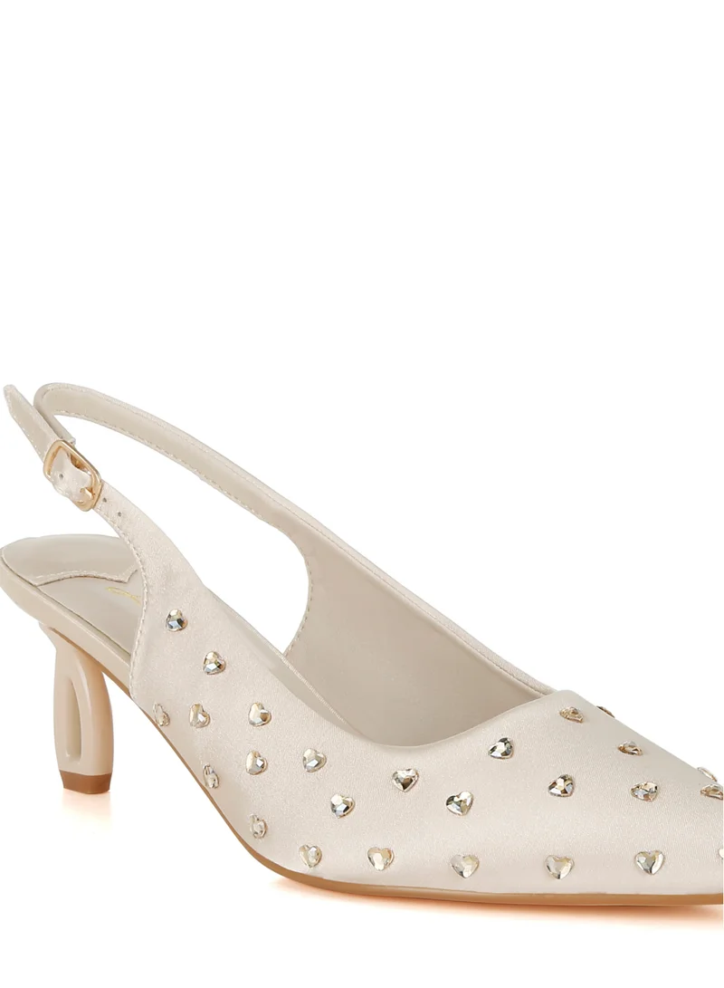 London Rag Heart-Shaped Rhinestone Studded Slingbacks in Beige