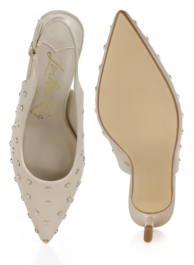 London Rag Heart-Shaped Rhinestone Studded Slingbacks in Beige