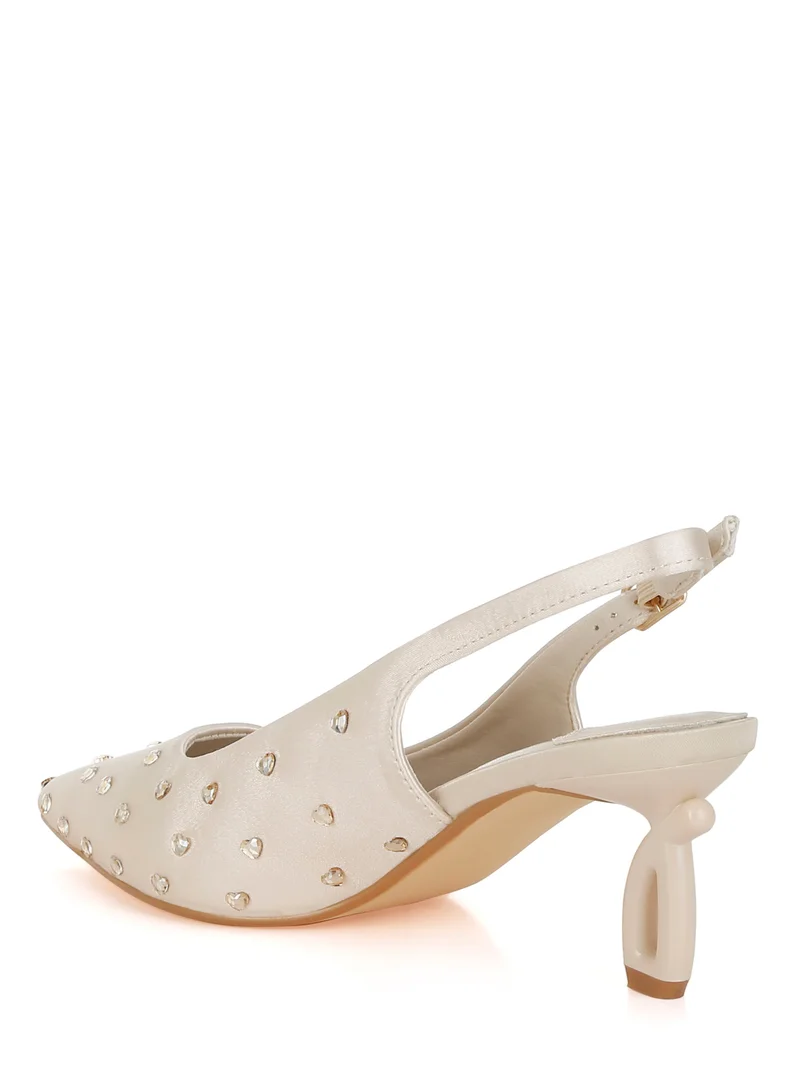 London Rag Heart-Shaped Rhinestone Studded Slingbacks in Beige