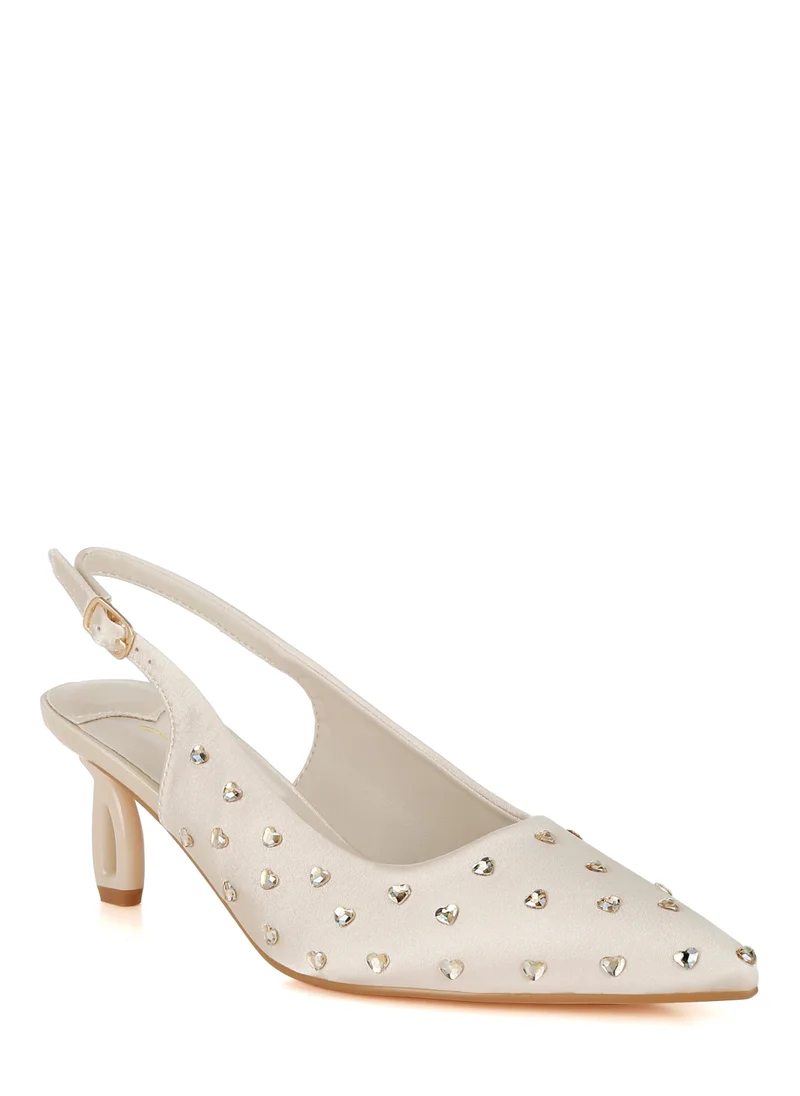 London Rag Heart-Shaped Rhinestone Studded Slingbacks in Beige