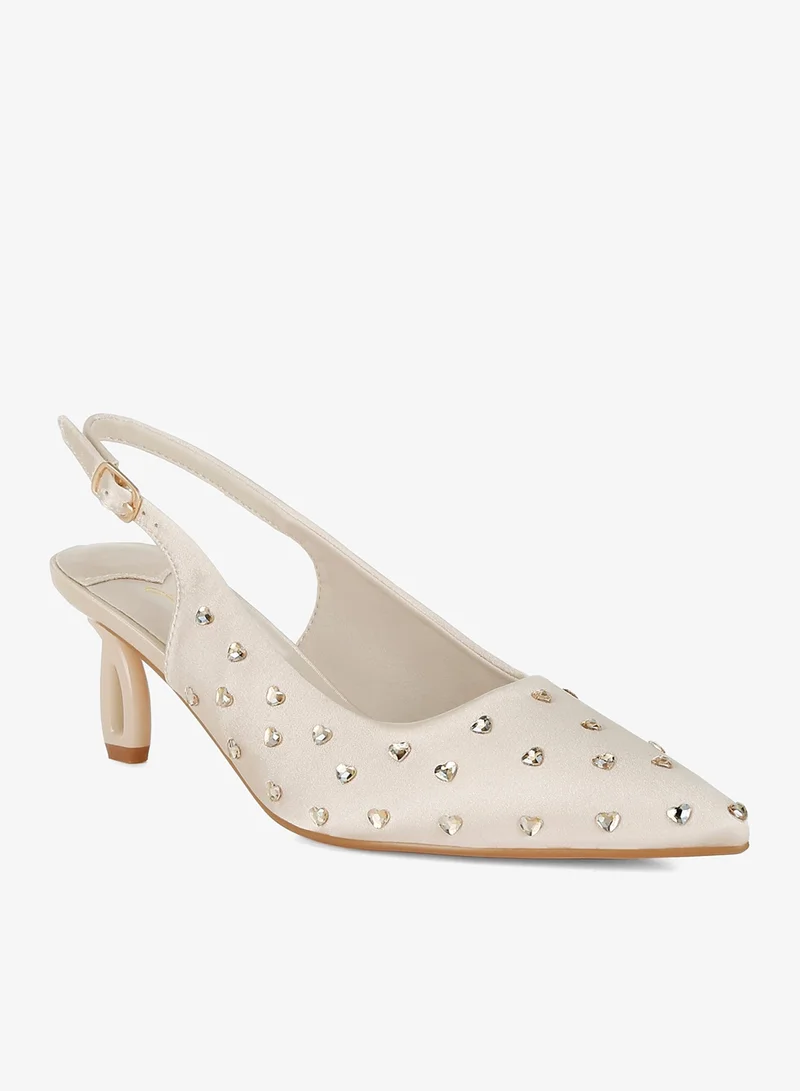 London Rag BEIGE Heart-Shaped Rhinestone Studded Slingbacks in Beige for Women | Best Price UAE