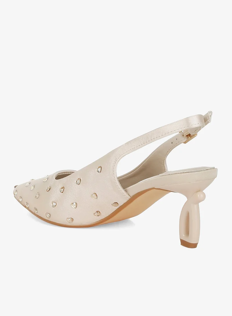 London Rag BEIGE Heart-Shaped Rhinestone Studded Slingbacks in Beige for Women | Best Price UAE