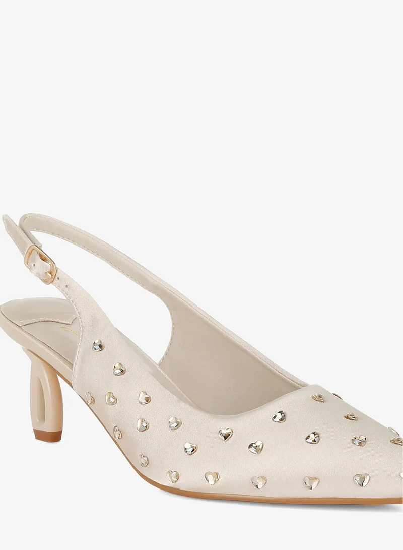 London Rag BEIGE Heart-Shaped Rhinestone Studded Slingbacks in Beige for Women | Best Price UAE
