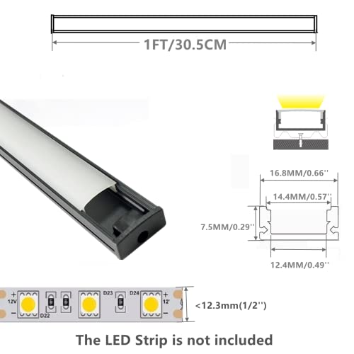 THMOOTHER LED Strip Black U Channel Diffuser 6-Pack 1FT,17X7.5MM Surface Mounted Aluminum Track with UV Resistance Milky Cover Cabinet Flush Installed Low Profile with Double Sided Tape - Image 2
