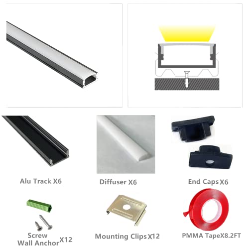 THMOOTHER LED Strip Black U Channel Diffuser 6-Pack 1FT,17X7.5MM Surface Mounted Aluminum Track with UV Resistance Milky Cover Cabinet Flush Installed Low Profile with Double Sided Tape - Image 3