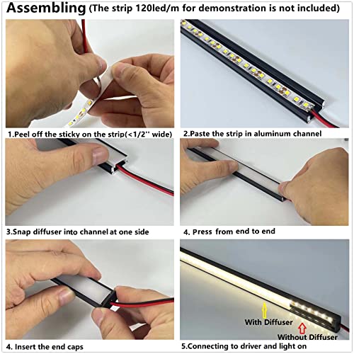THMOOTHER LED Strip Black U Channel Diffuser 6-Pack 1FT,17X7.5MM Surface Mounted Aluminum Track with UV Resistance Milky Cover Cabinet Flush Installed Low Profile with Double Sided Tape - Image 5