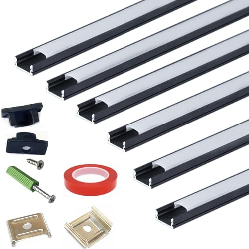 THMOOTHER LED Strip Black U Channel Diffuser 6-Pack 1FT,17X7.5MM Surface Mounted Aluminum Track with UV Resistance Milky Cover Cabinet Flush Installed Low Profile with Double Sided Tape - Image 1