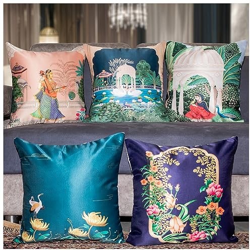 Vendola Decorative Satin Sofa Cushion Covers Set of 5, 18 inch x 18 inch, Sofa Pillow Cover, Ethnic Festive, Multicolor, Swan, Rajasthani Design Zipper Closure (Sahliyo Ki Bari, 18X18 Inches) - Image 1