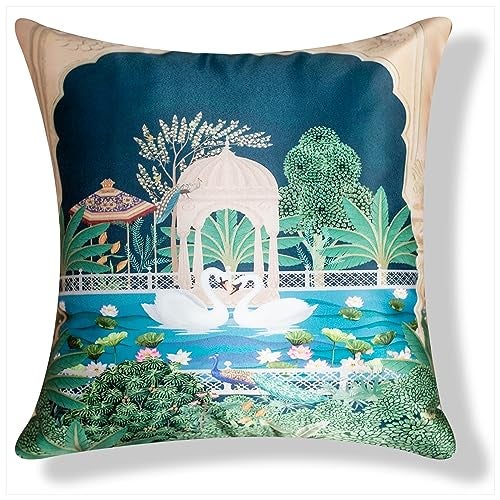 Vendola Decorative Satin Sofa Cushion Covers Set of 5, 18 inch x 18 inch, Sofa Pillow Cover, Ethnic Festive, Multicolor, Swan, Rajasthani Design Zipper Closure (Sahliyo Ki Bari, 18X18 Inches) - Image 5