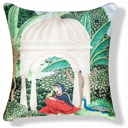 Vendola Decorative Satin Sofa Cushion Covers Set of 5, 18 inch x 18 inch, Sofa Pillow Cover, Ethnic Festive, Multicolor, Swan, Rajasthani Design Zipper Closure (Sahliyo Ki Bari, 18X18 Inches) - Image 4