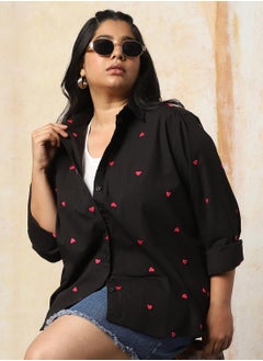 HIGH STAR Women Plus Size Oversized Fit Heart Embroidered Cotton Casual Shirt  - Image 1
