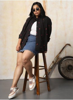 HIGH STAR Women Plus Size Oversized Fit Heart Embroidered Cotton Casual Shirt  - Image 3