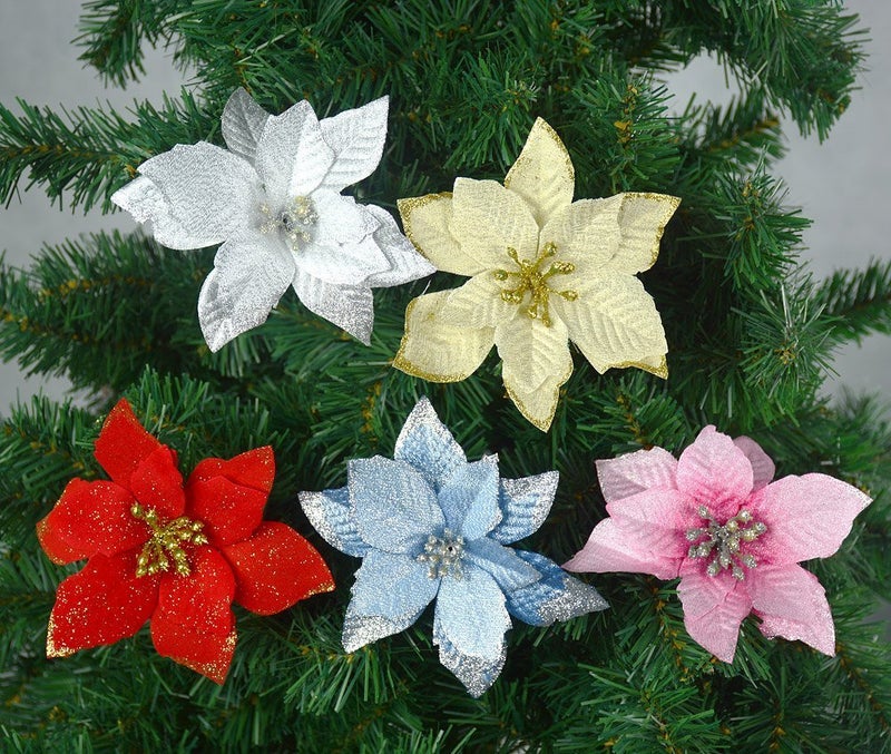 Gardeningwill 12Pcs 5 Inch Glitter Artificial Poinsettia Flowers with Ties for Wedding Christmas Festival Holiday Decor Xmas Wreath Garland Ornament Gold - Image 5