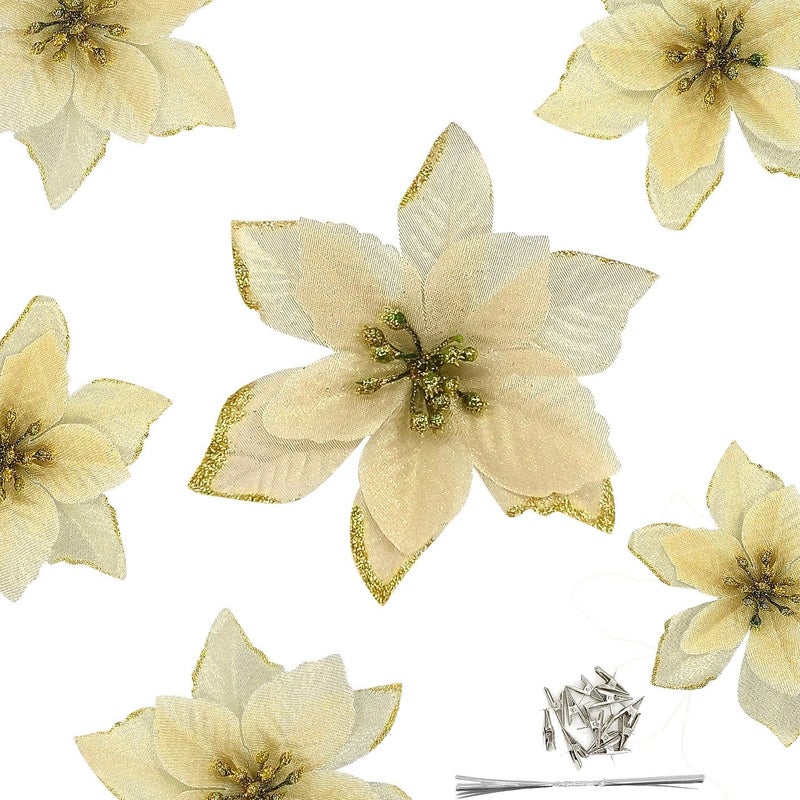 Gardeningwill 12Pcs 5 Inch Glitter Artificial Poinsettia Flowers with Ties for Wedding Christmas Festival Holiday Decor Xmas Wreath Garland Ornament Gold - Image 1