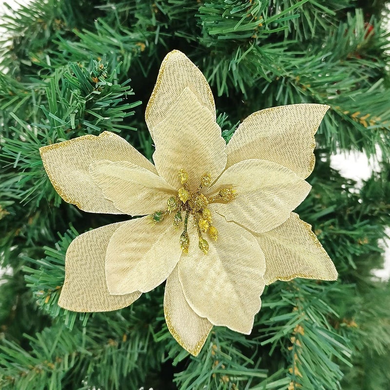 Gardeningwill 12Pcs 5 Inch Glitter Artificial Poinsettia Flowers with Ties for Wedding Christmas Festival Holiday Decor Xmas Wreath Garland Ornament Gold - Image 2