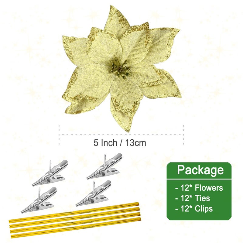 Gardeningwill 12Pcs 5 Inch Glitter Artificial Poinsettia Flowers with Ties for Wedding Christmas Festival Holiday Decor Xmas Wreath Garland Ornament Gold - Image 3