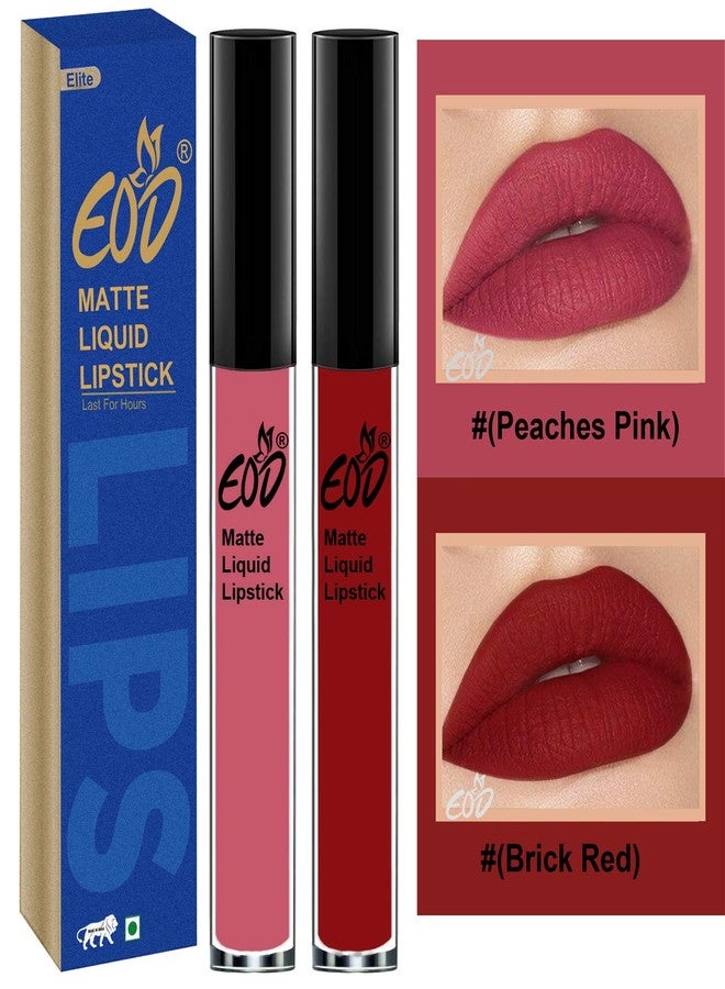 EOD® Soft Matte Kiss Proof Vegan Made in India Liquid Lipstick Long Wearing Set of 2 Lip Gloss(Peaches Pink, Brick Red) - Image 1