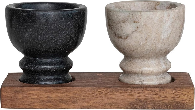 Creative CoOp 7 Inches Mango Wood Tray with 2 Marble Bowls Multicolor Set of 3 - Image 1
