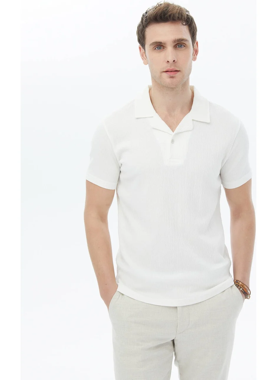 Kip White Jacquard Cuban Collar Cotton Blend T-Shirt