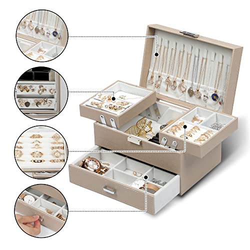 Dajasan Jewelry Box Organizer, Jewelry Boxes for Women Girls, 3 Layers Jewelry Gift Box for Christmas, Valentine's Day, Birthday, Mother's Day (Champagne) - Image 2