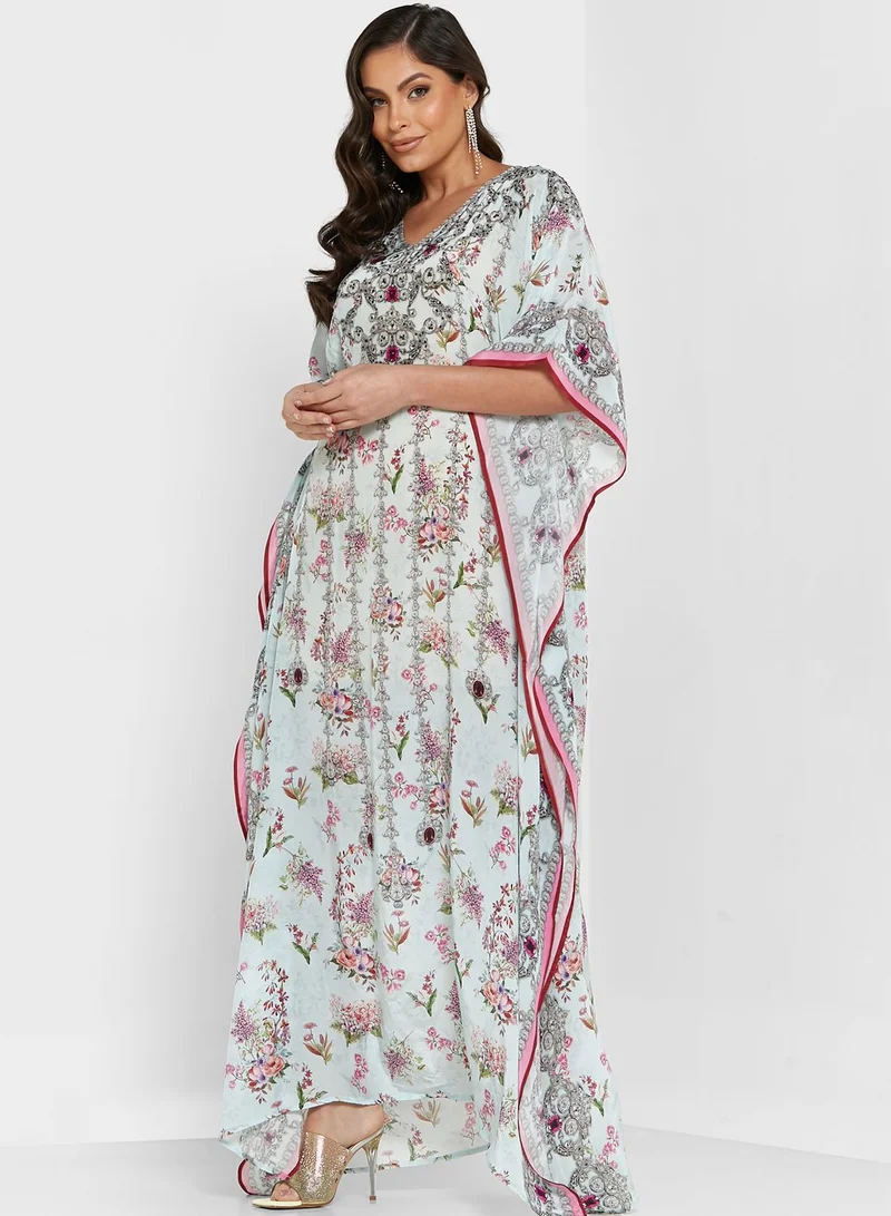 ARABIAN CLOSET Embellished Floral Print Kaftan