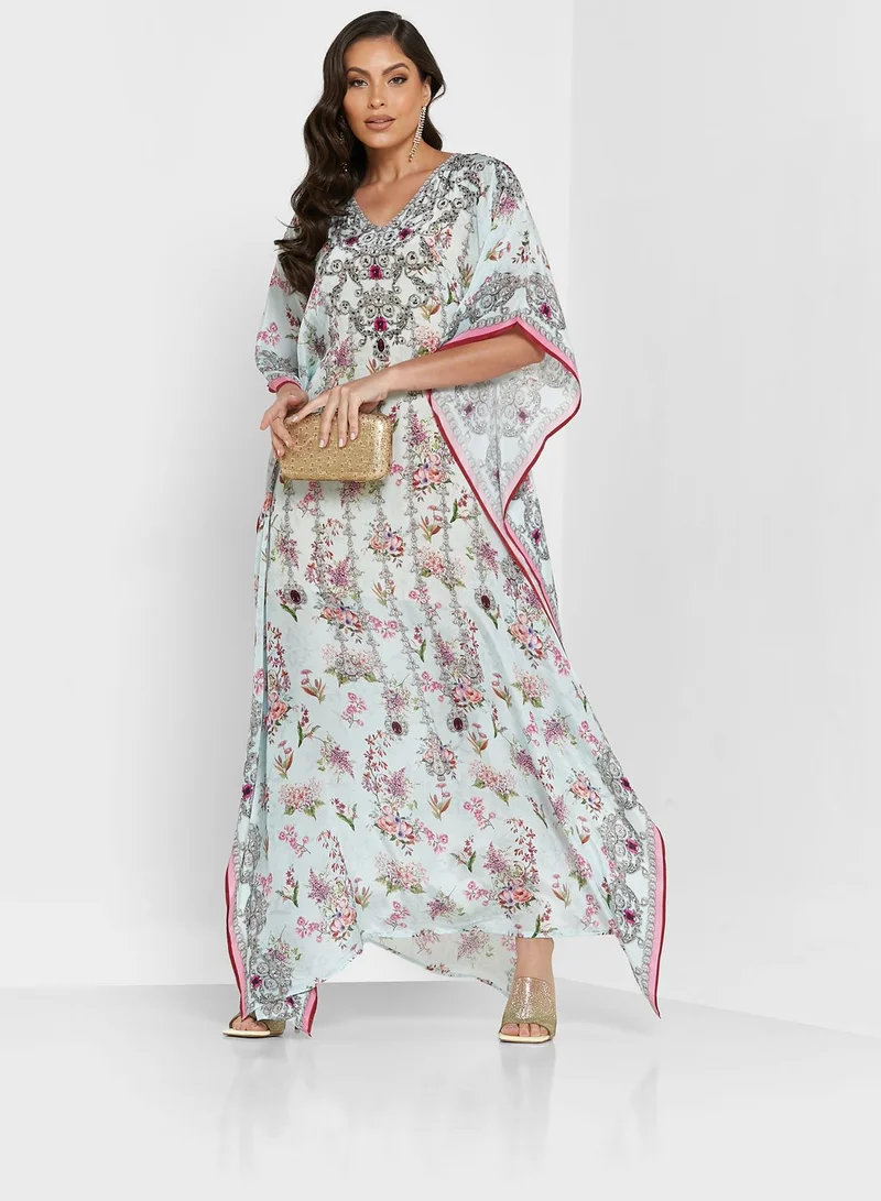 ARABIAN CLOSET Embellished Floral Print Kaftan
