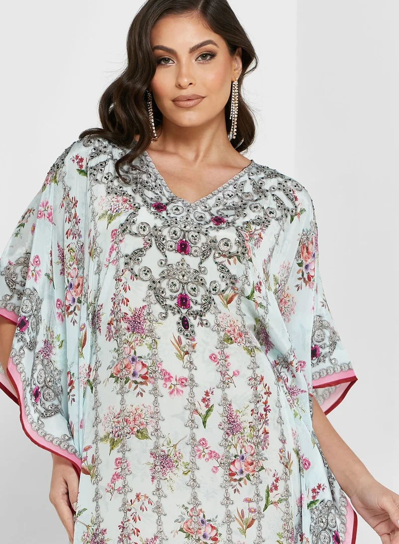 ARABIAN CLOSET Embellished Floral Print Kaftan
