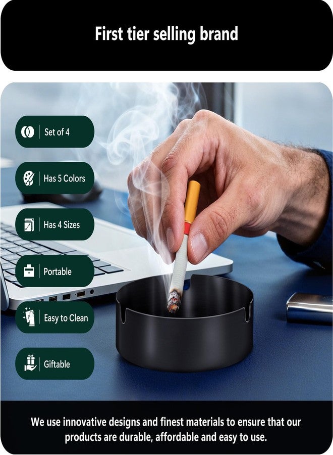 roygra Ash Tray (4 Pack), Outdoor Ashtray for Outside Patio, Stainless Steel Ashtrays for Cigarettes with 3 Holder, Smoking Accessories, Home Décor, Ashtrays for Smokers Indoor - 8-9-10-12cm - Black - Image 5