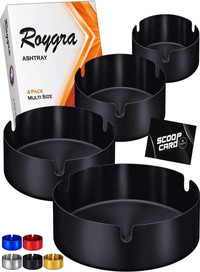 roygra Ash Tray (4 Pack), Outdoor Ashtray for Outside Patio, Stainless Steel Ashtrays for Cigarettes with 3 Holder, Smoking Accessories, Home Décor, Ashtrays for Smokers Indoor - 8-9-10-12cm - Black - Image 1