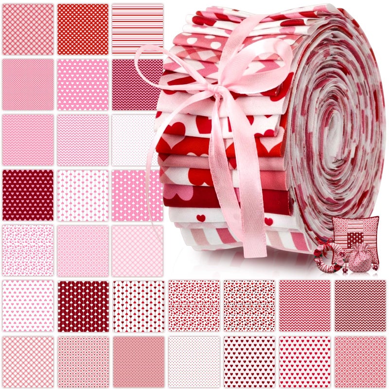 Hahafelt 60 Pcs Christmas Quilting Fabric Roll 2.6 x 40 Cotton Fabric Strips Precut Jelly Patchwork for Craft Sewing (Valentines) - Image 1